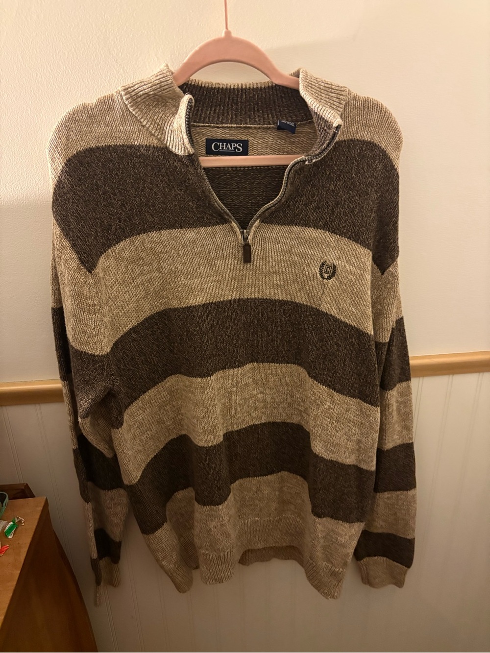 Chaps Men’s XL 100% Cotton Striped Quarter-Zip Sweater Brown Tan